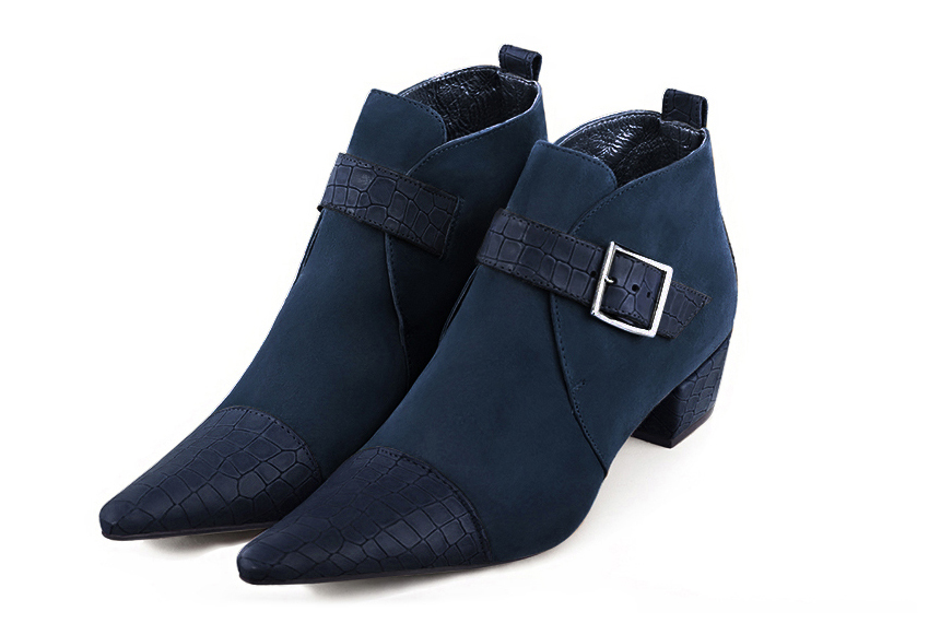 Navy blue women's ankle boots with buckles at the front. Pointed toe. Low cone heels. Front view - Florence KOOIJMAN